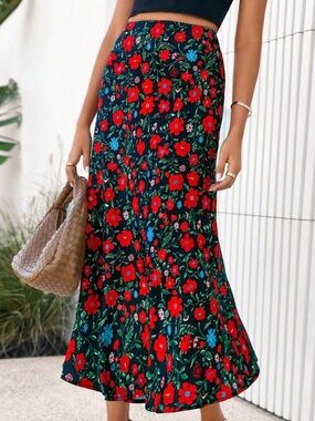 Floral Wrap Tie Midi Skirt Red Flowy Size Medium ❤️